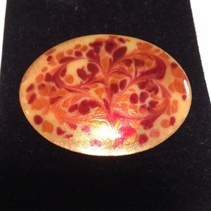 Vintage signed Inga enamel on brass pin brooch